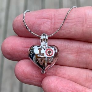 New Handcrafted Necklace 3D Heart LOVE Locket Silver 2 Pearls Encased inside 16”